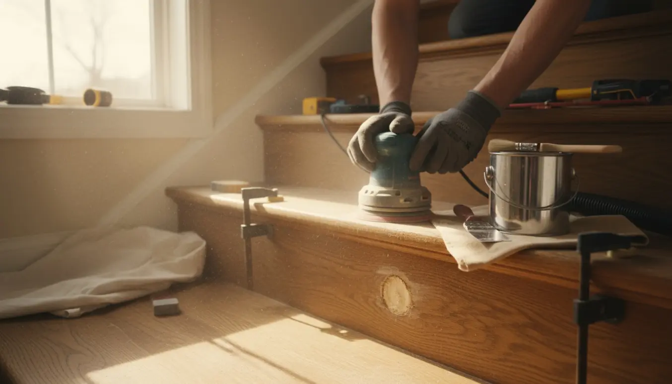 Nærbillede af hænder, der sliber og reparerer en trætrappe med værktøj og træstøv i dagslys.
