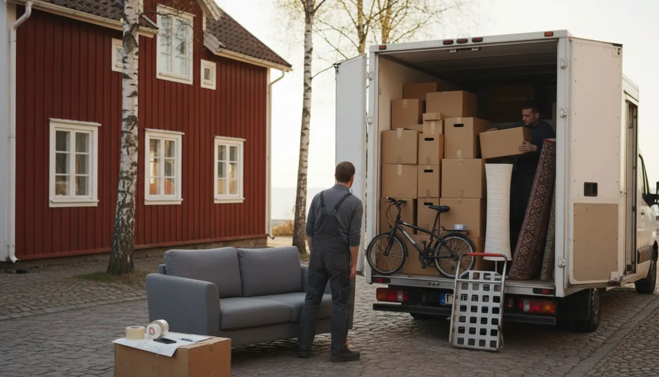 Flyttebil parkeret foran et rødt svensk træhus med flyttekasser og flyttefolk set bagfra.