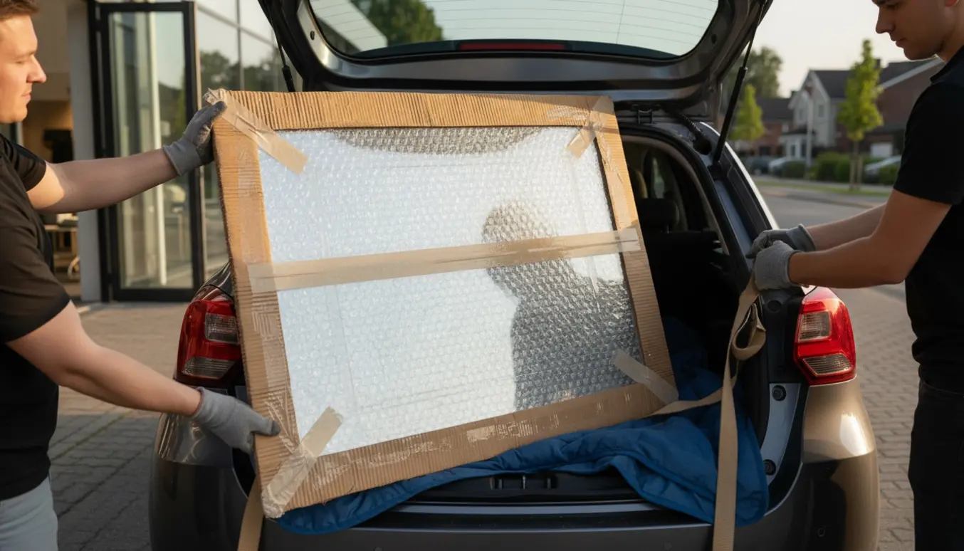 Et indpakket stort spejl bæres fra en møbelforretning og lægges i bagagerummet på en personbil.