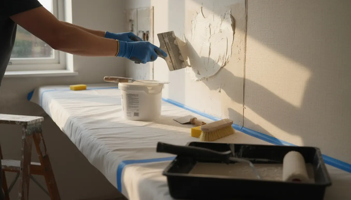 Hænder spartler og sætter filt op på en køkkenvæg, klar til maling.