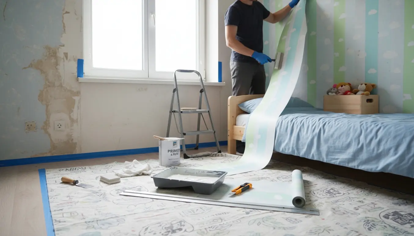 Lille børneværelse (8 m²) hvor nyt tapet opsættes, hænder glatter tapet og spartelstrøg er synlige.