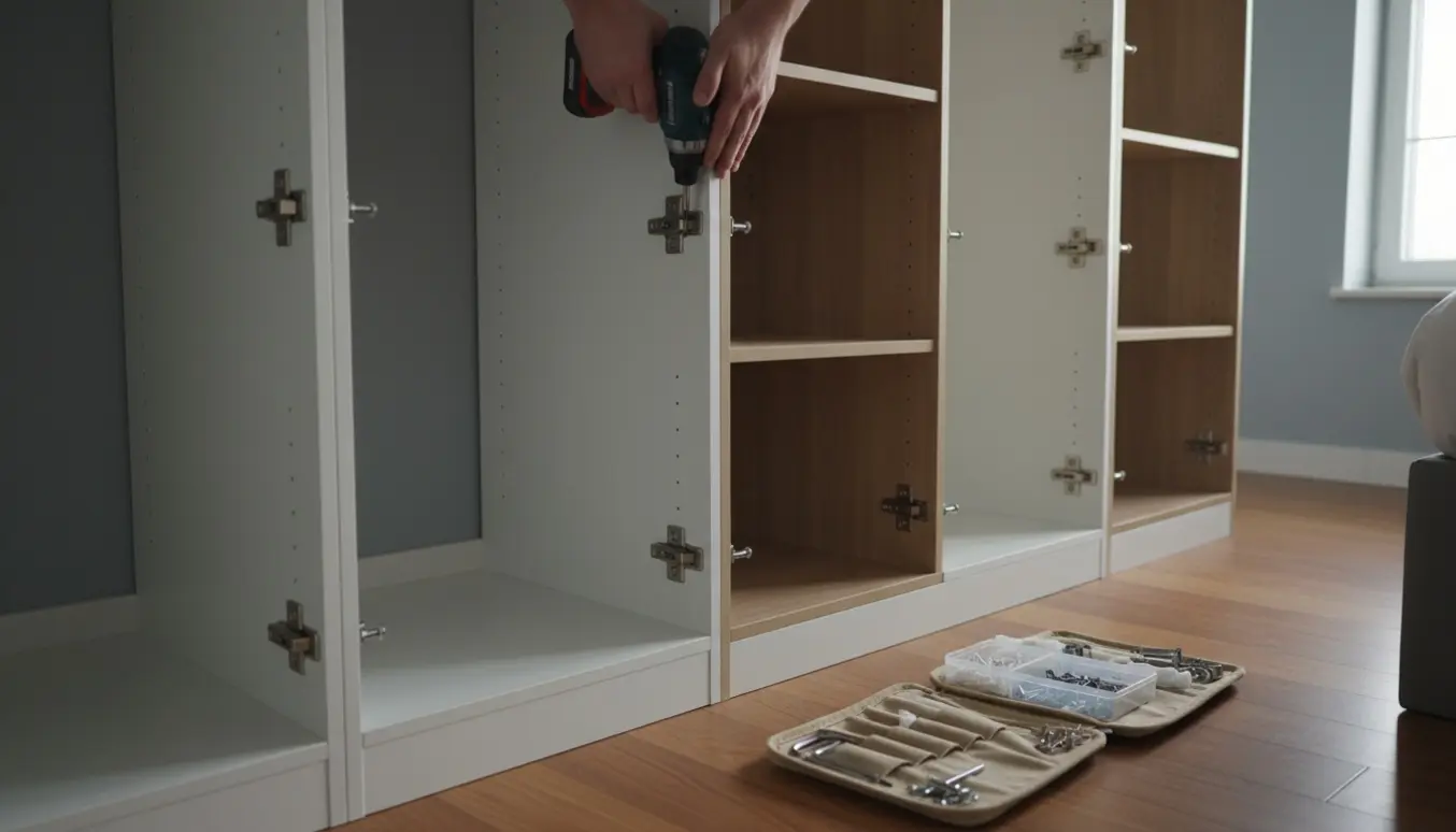 Dobbelt garderobeskab samles i et lyst værelse med hylder monteret og hænder, der skruer paneler sammen.