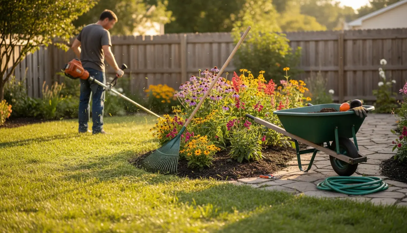 Person ses bagfra og trimmer græs samt rydder et blomsterbed i en solbeskinnet have.