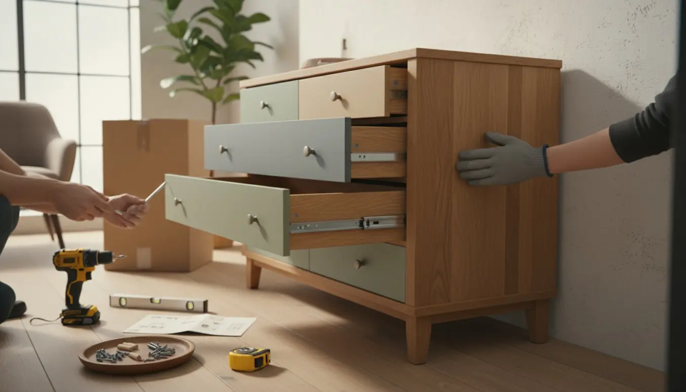 En halvfærdig kommode med seks skuffer, hvor hænder justerer en skuffeskinne og værktøj ligger ved siden af.