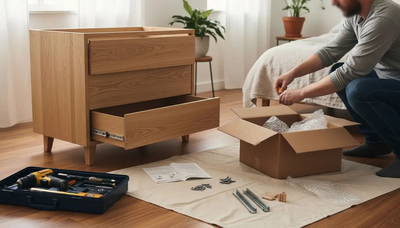 Delvis samlet kommode i et soveværelse med emballage og værktøj, hænder monterer en skuffefront.