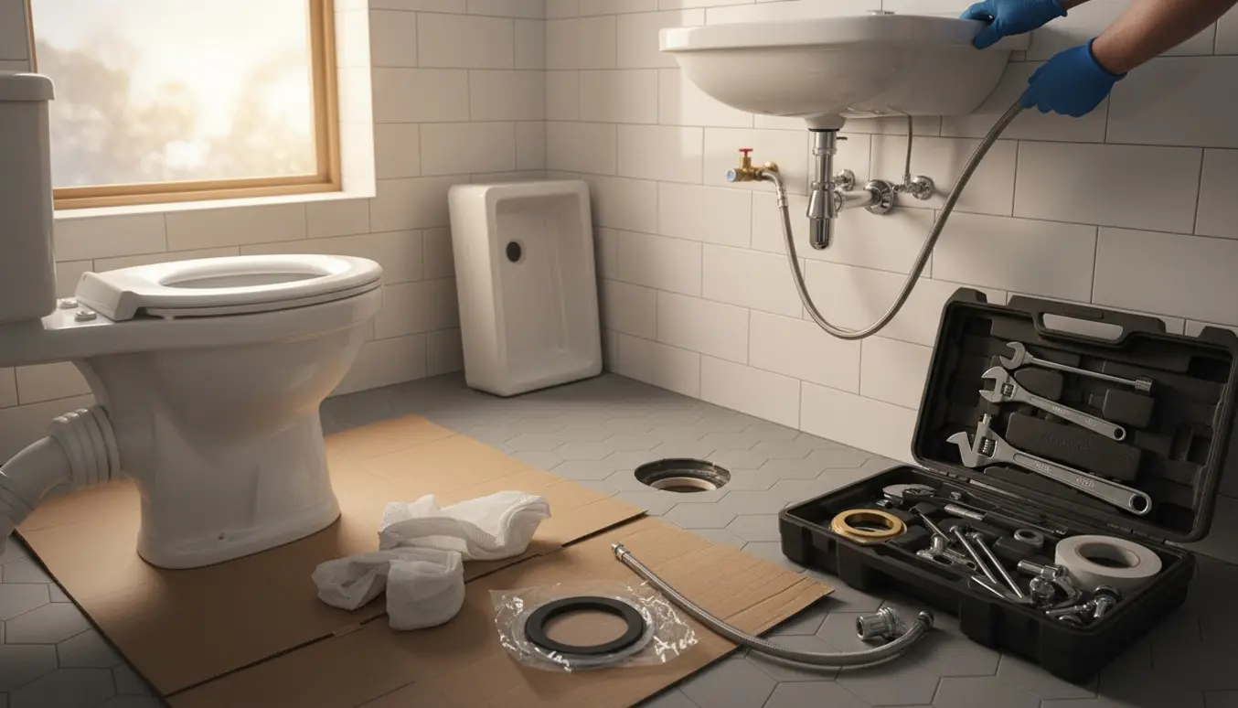 Et klart forberedt badeværelse før renovering med afmonteret toilet og håndvask samt VVS-værktøj og monteringsdele.