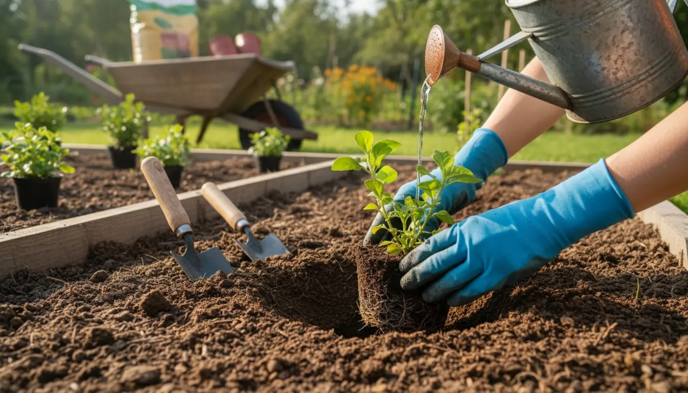 Hænder planter små og mellemstore planter i haven med spade og vandkande.