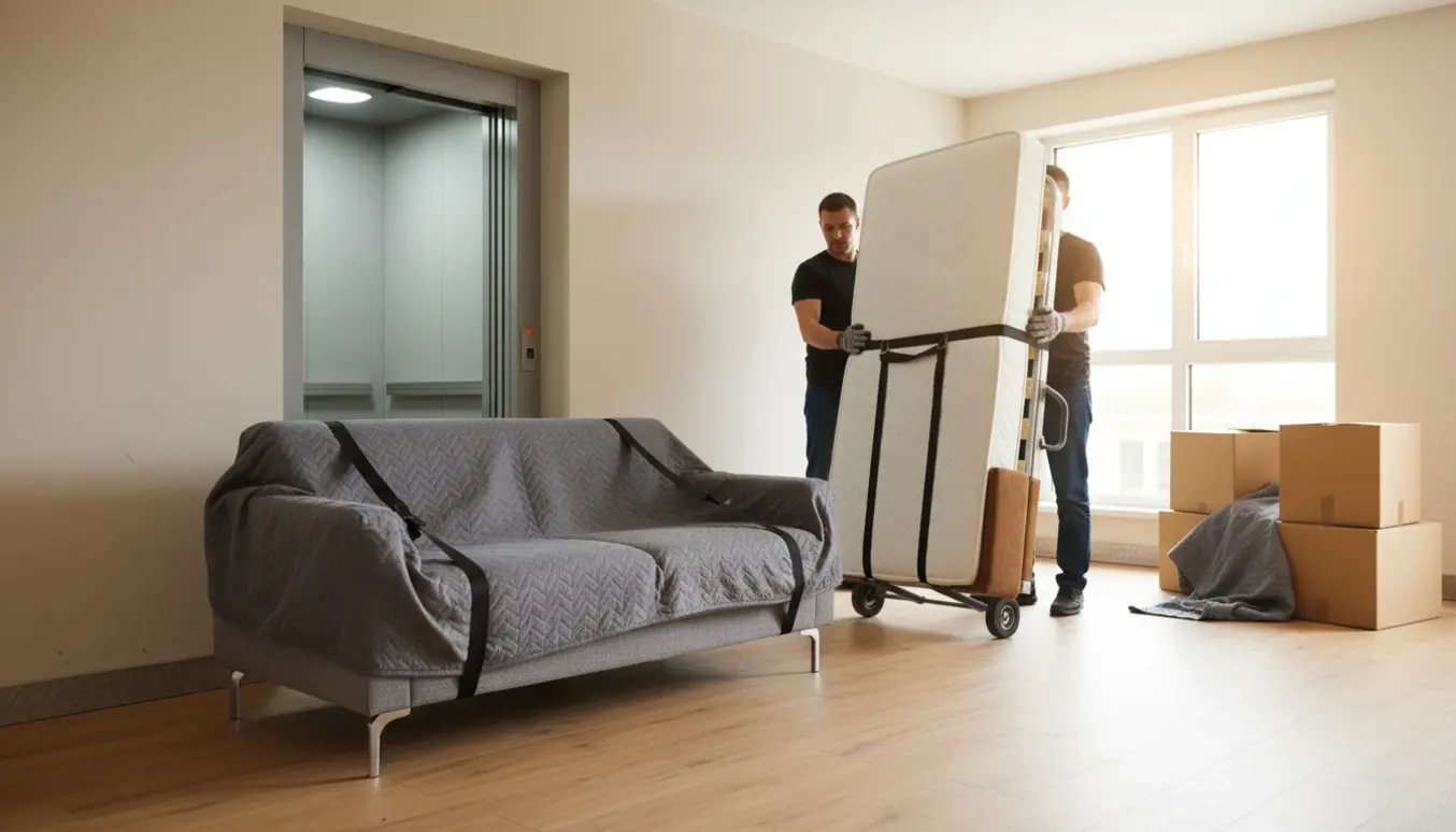 Flyttefolk fører en 2-personers sofa og en 140 cm seng ind i elevatoren i en lejlighedsbygning.