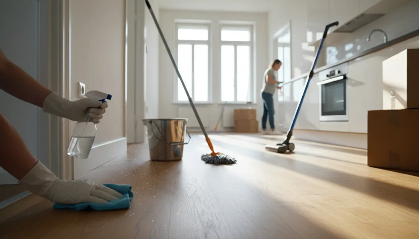 Nærbillede af fraflytningsrengøring i en lys lejlighed med handsker, klud, spand og flyttekasser i baggrunden.