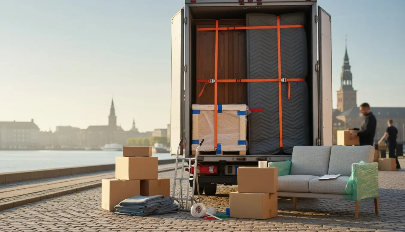 Åben flyttebil læsset med tre indpakkede møbler og flyttetilbehør klar til transport til København.