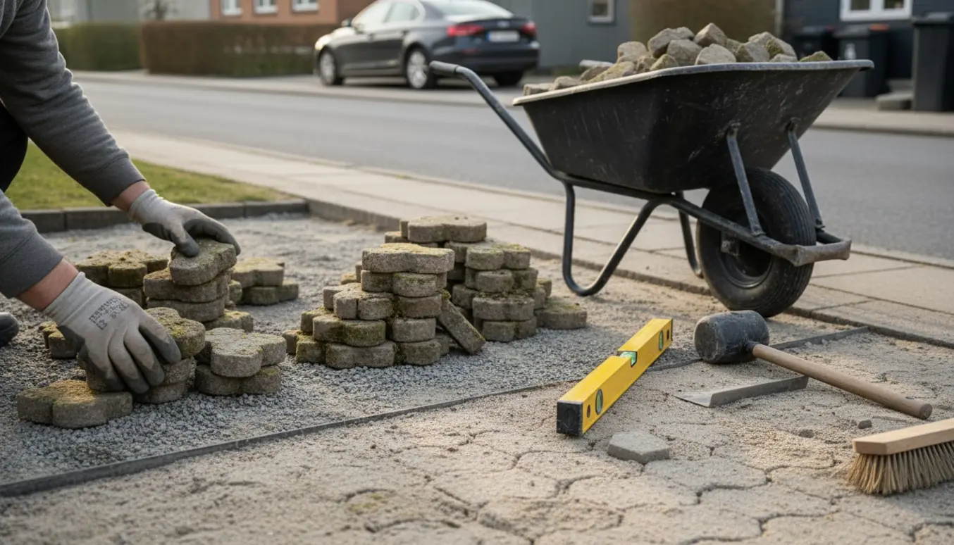 Nærbillede af håndværker, der sorterer og lægger genbrugte kløversten ved kanten af en indkørsel.