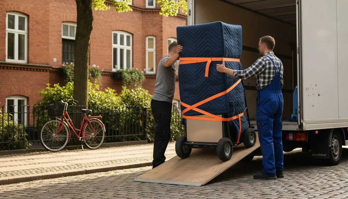 To flyttefolk trækker et 1,5 m højt køleskab dækket af flyttetæpper ind i en flyttebil på en træfyldt Frederiksberg-gade.