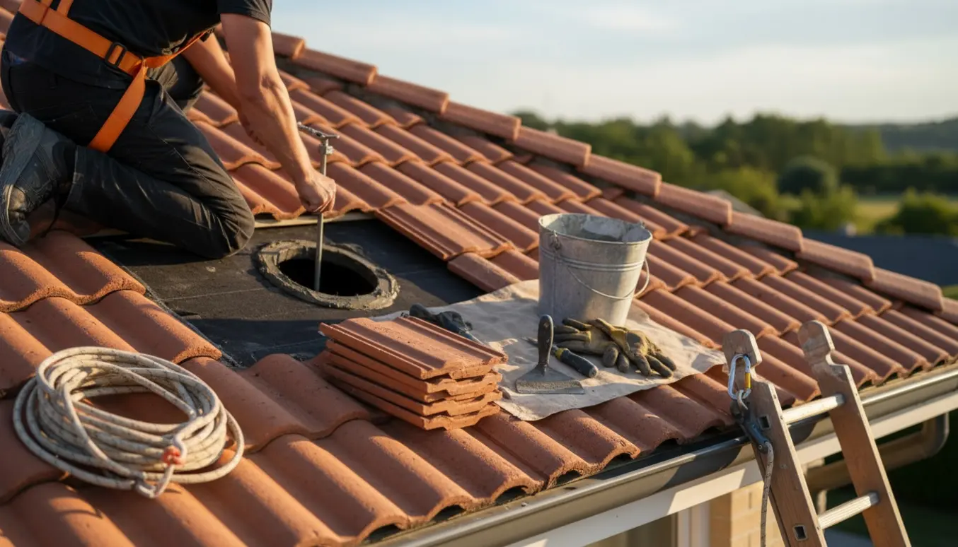 Nærbillede af tagreparation efter fjernet antenne med reservetagsten og værktøj klar ved hullet.