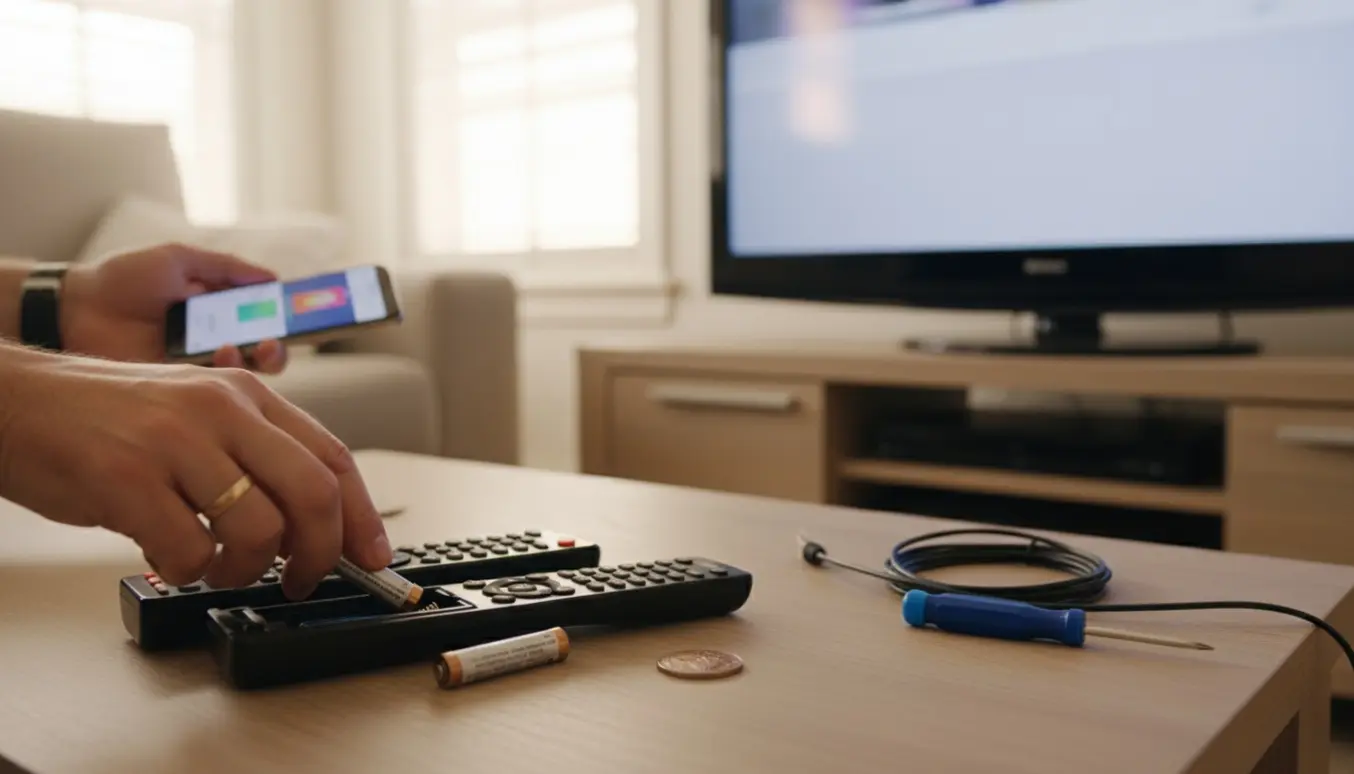 Hænder tester og skifter batterier i fjernbetjening foran en fladskærm i en lys stue.