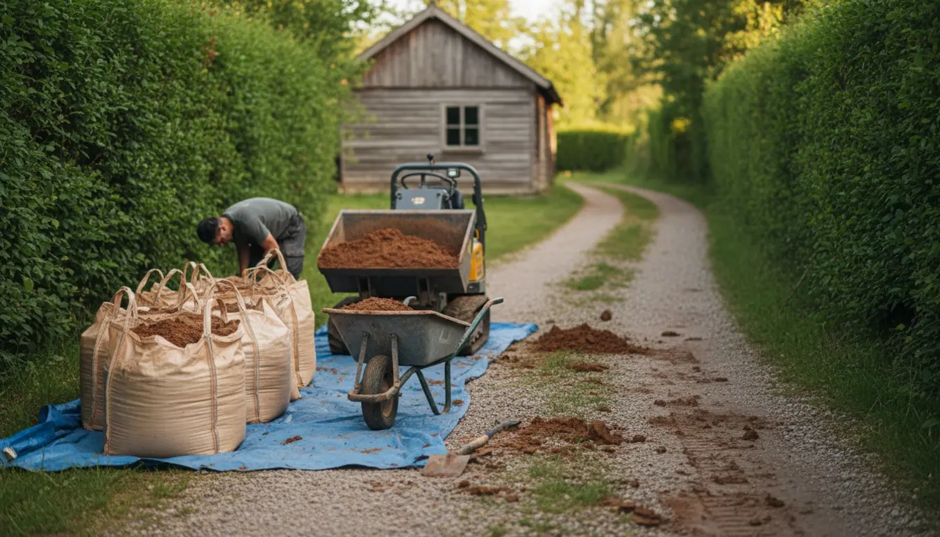 Smal grusvej ved sommerhus med sække og mini-dumper fyldt med lerjord klar til bortskaffelse.