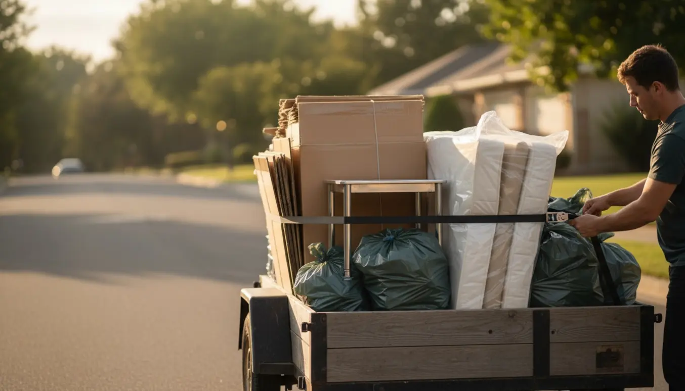En trailer læsset med pap, et lille metalbord og en topmadras parkeret ved fortovskanten foran et parcelhus.
