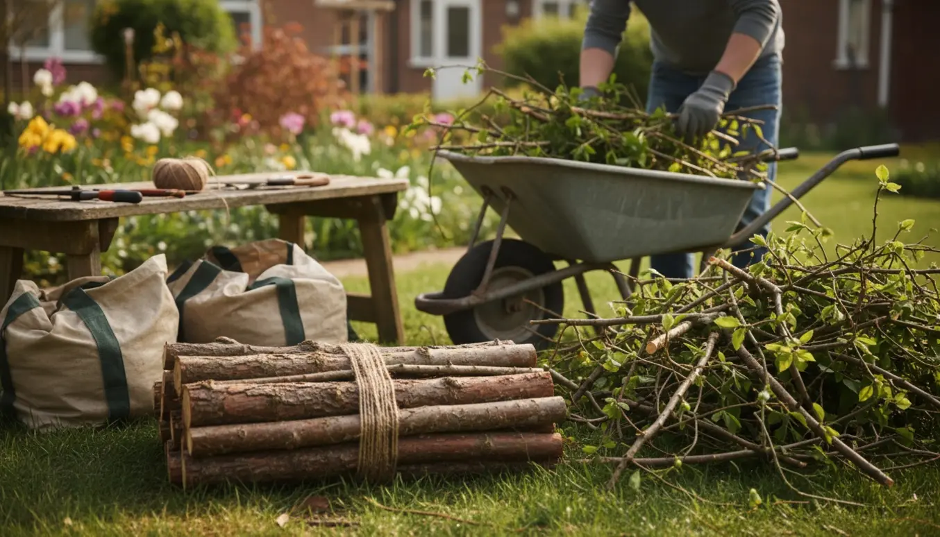 Person læsser en bunke grene — halvdelen bundtet med snor — i en trillebør i forhaven.