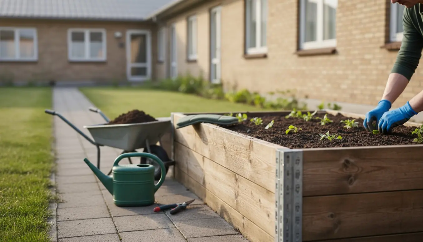 En lille 12 m² have ved en beskyttet bolig, hvor kun hænder planter små planter i et hævet bed.