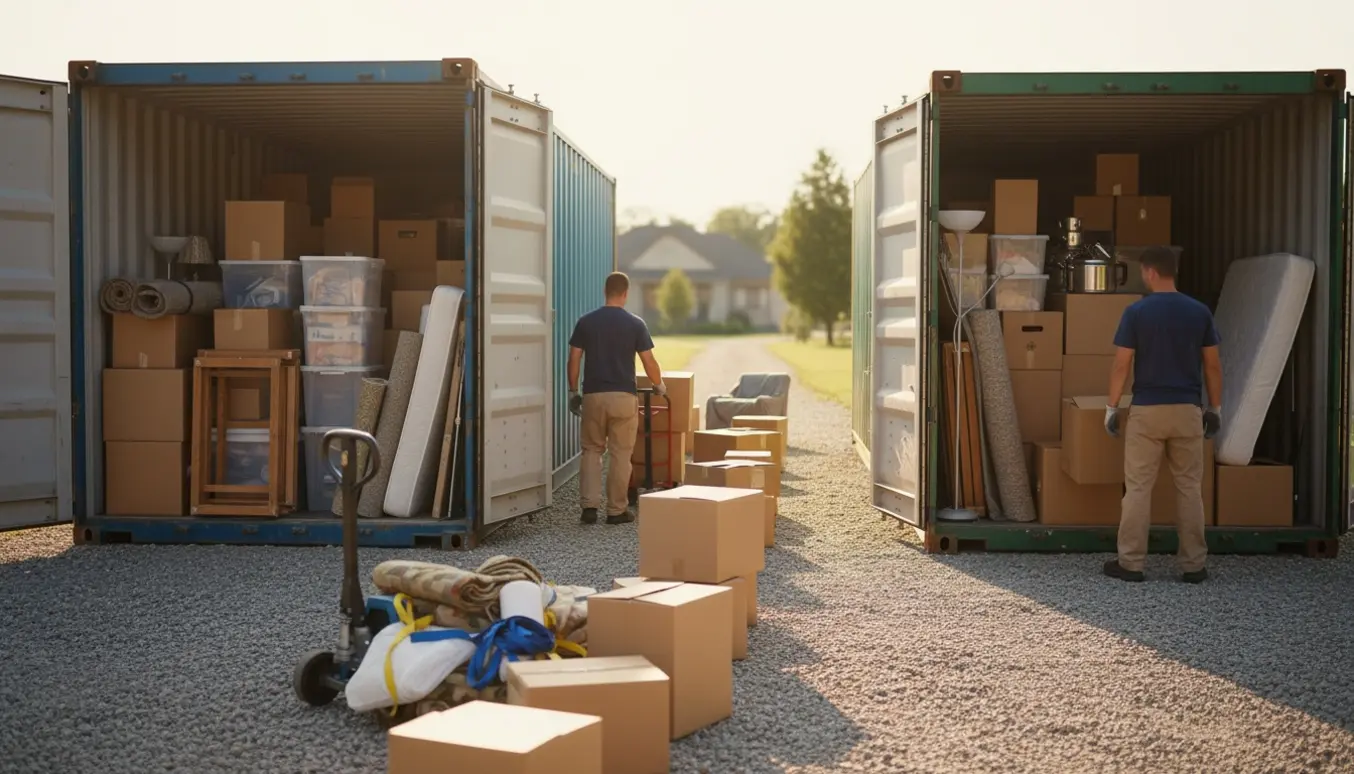 To åbne 20-fods containere tømmes for indbo langs en grussti, arbejdere ses bagfra med flyttevogne.
