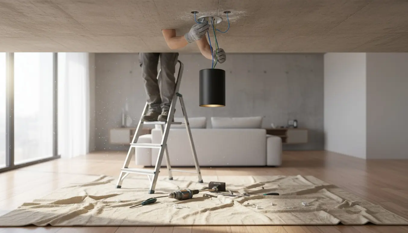 Hænder på en stige forbinder ledninger og bores i betonloft for at montere en loftlampe.