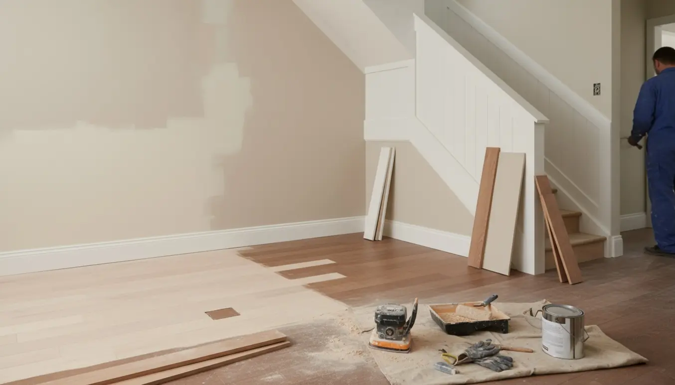Stue og trappe under renovering med halvmalede vægge, nyhvidede paneler og delvis slebet gulv.