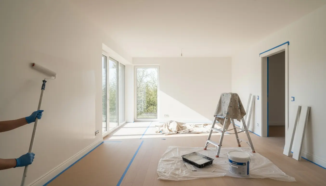 Tom, lyst rum under indvendig maling med malerudstyr og hvide vægge i naturligt forårlys.