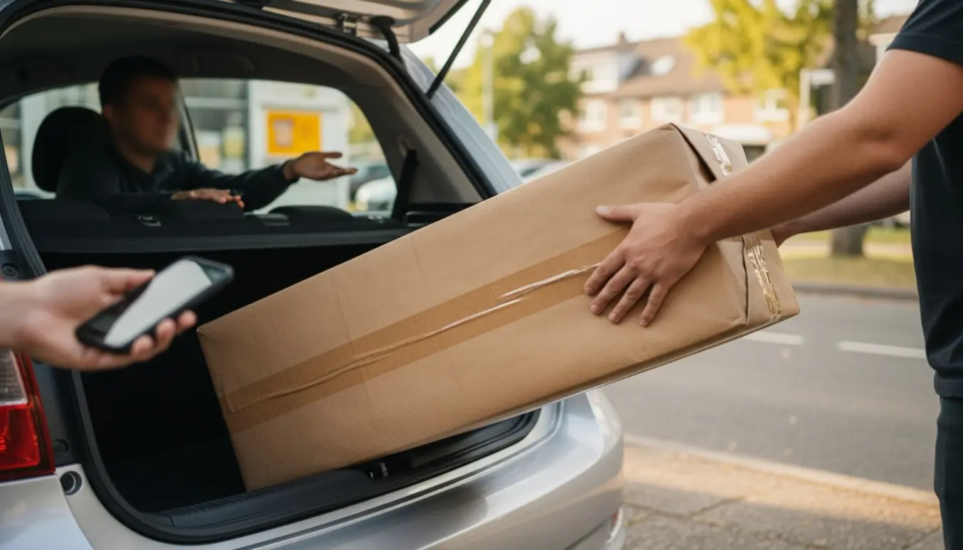 En person læsser en lang brun pakke i bilens bagagerum uden synlig tekst eller logo.