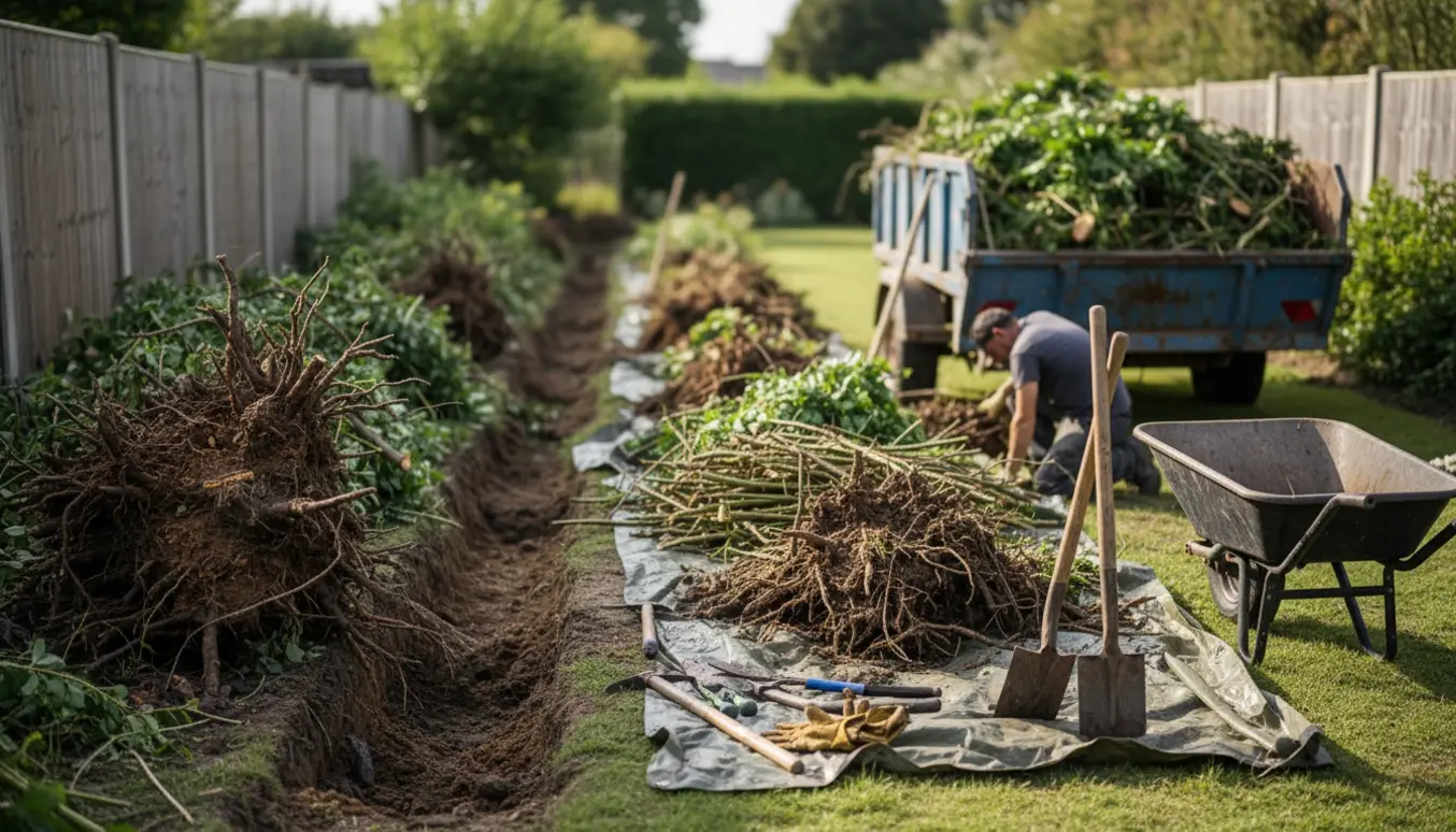 Opgravede buske og rodklumper ved en lang hæk med værktøj og trailer klar til bortskaffelse.