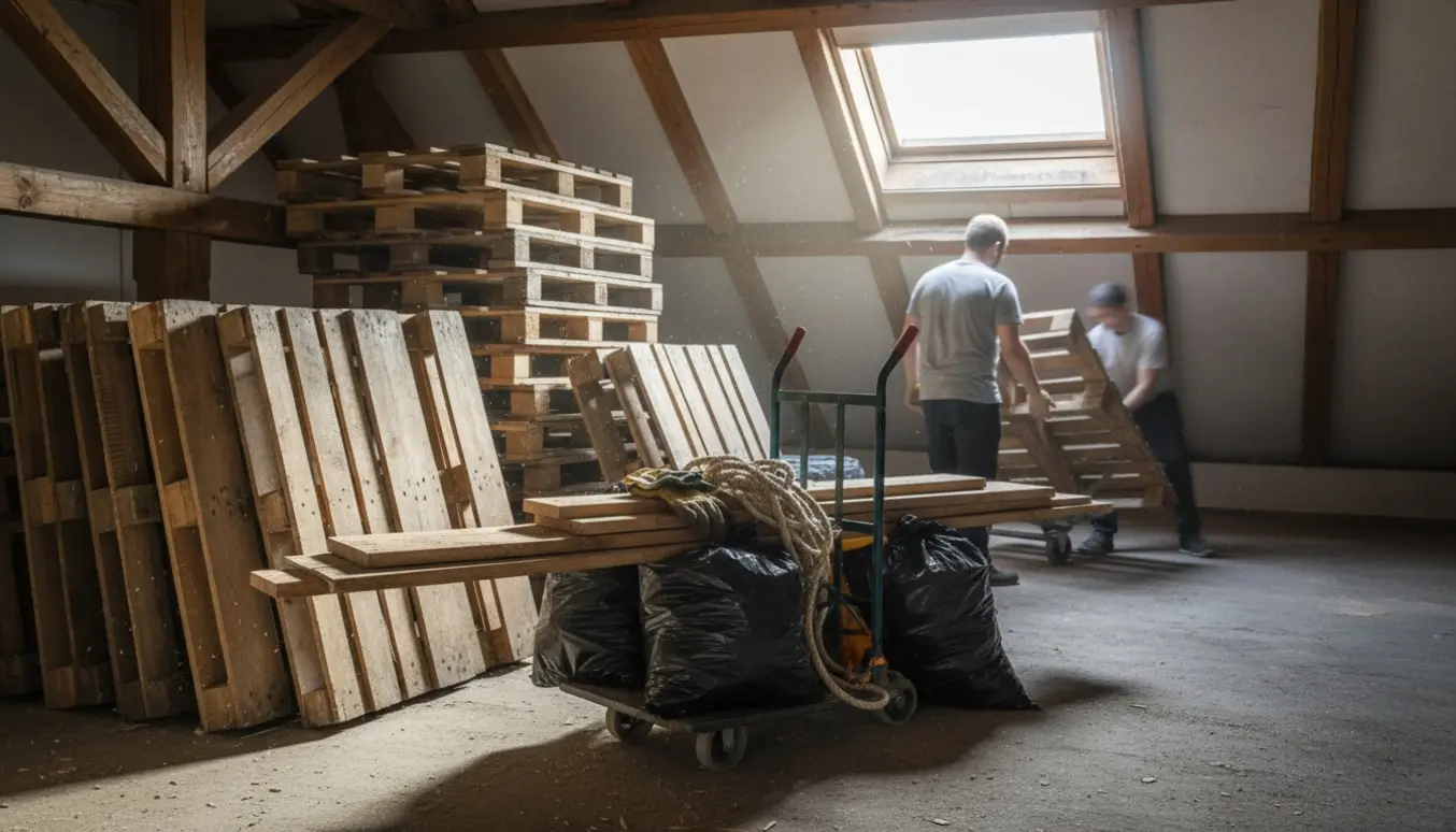 To personer fjerner træplader og europaller fra et fælles loftrum med dagslys gennem et tagvindue.