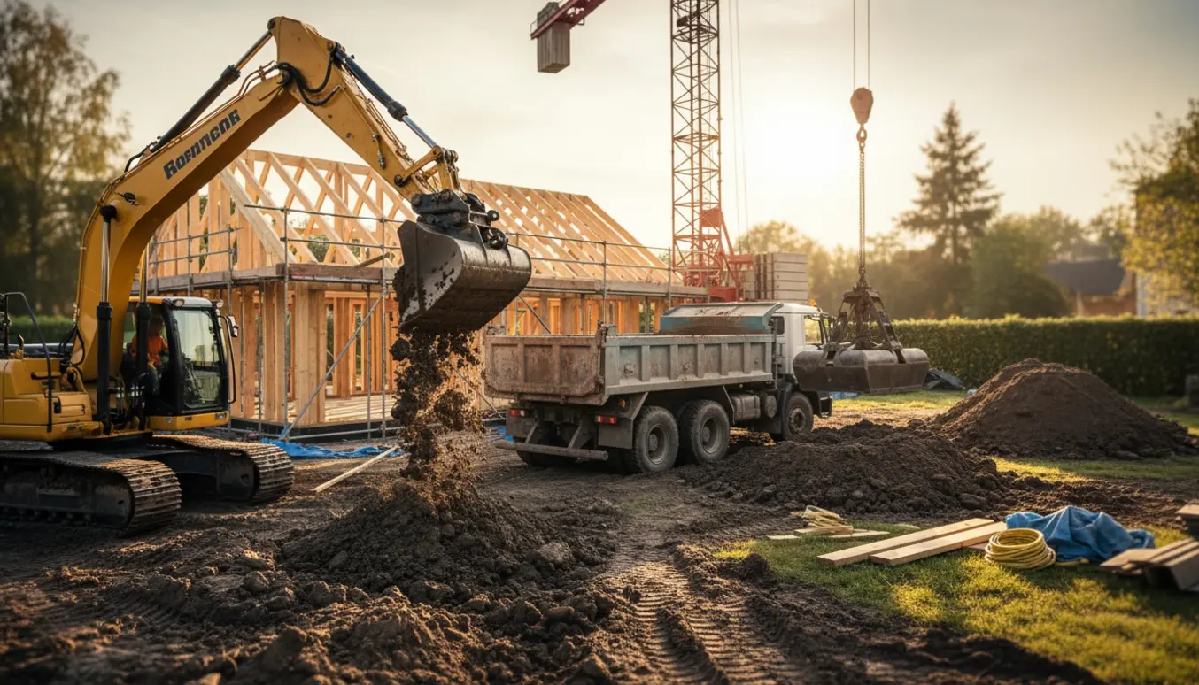 Gravemaskine læsser opgravet jord i en lastbil, mens en lang kran sænker en grab over en tilbygning uden tag.