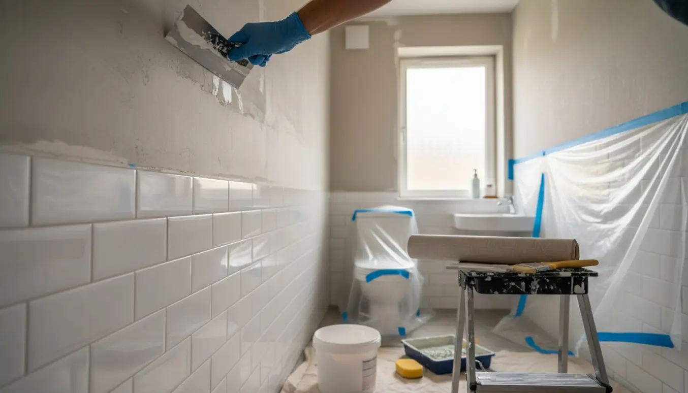 Lille badeværelse under renovering med spartel, filtning, tapetrulle og malerudstyr.