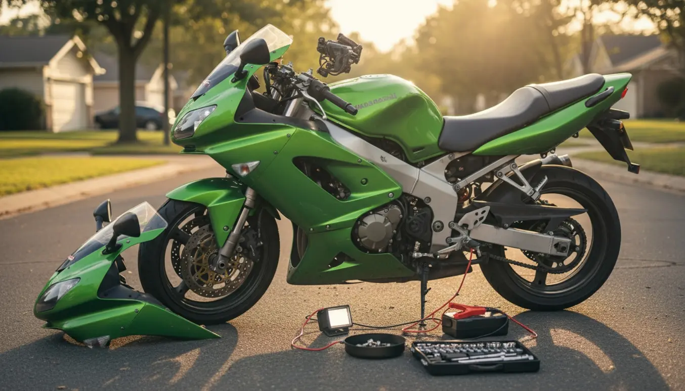 Nærbillede af en grøn motorcykel med hænder, der tester batteriet og arbejder på starteren på en stille villavej.