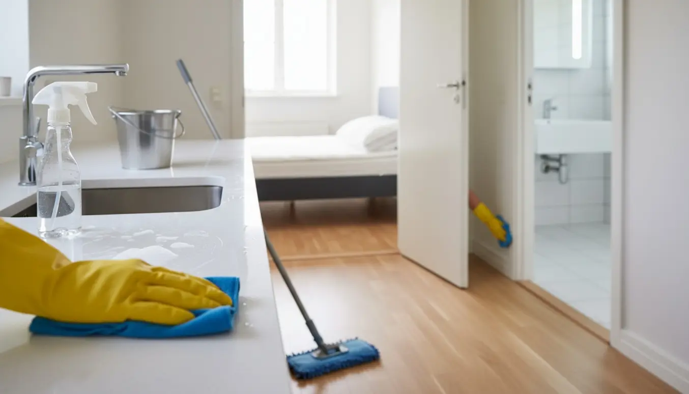 Hænder vasker køkkenbord ved fraflytning i et solbelyst rækkehus med rengøringsudstyr klar.