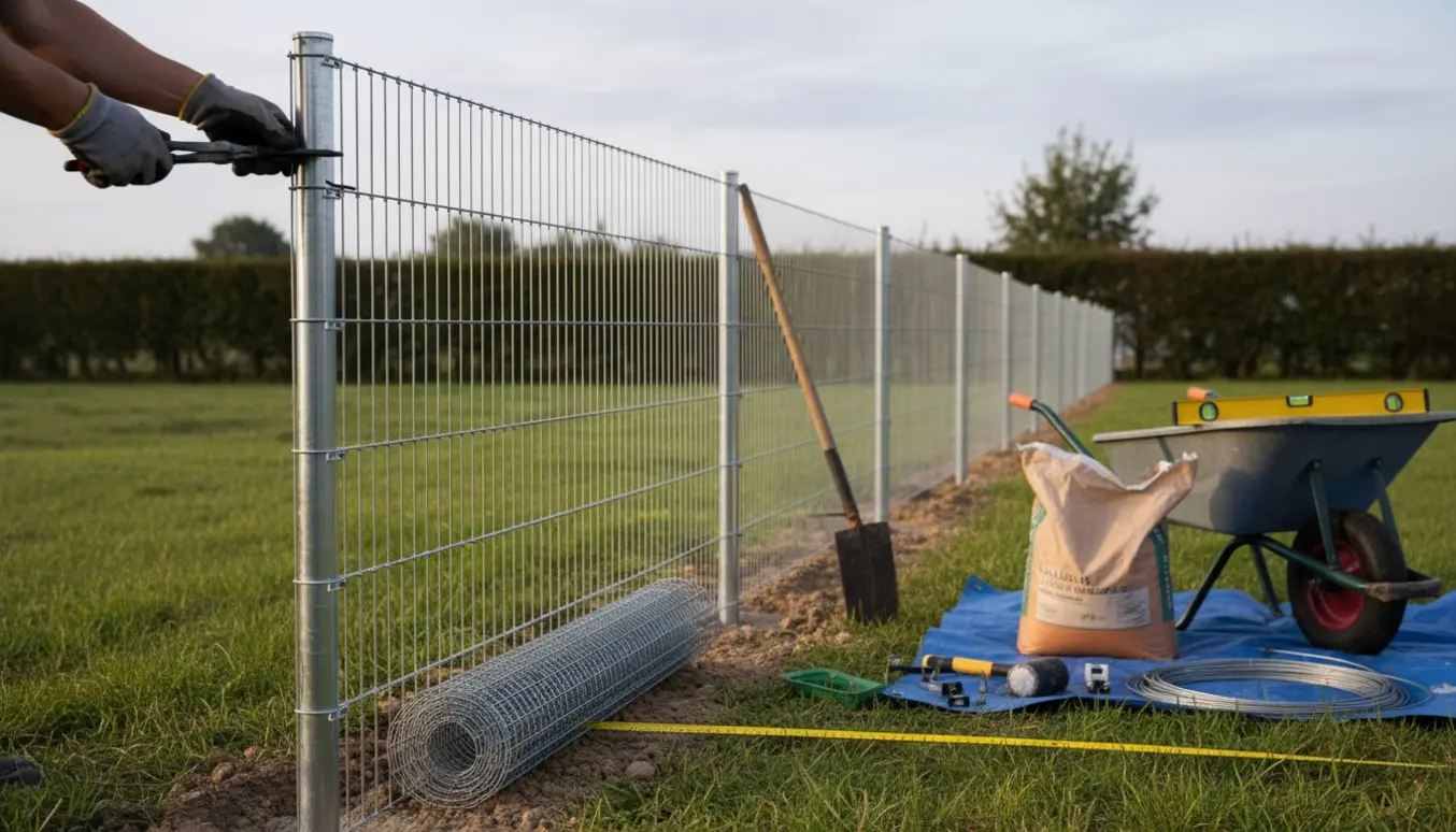Installering af et cirka 14 meter tråhegn langs en have med stolper, udrullet trådnet og værktøj.