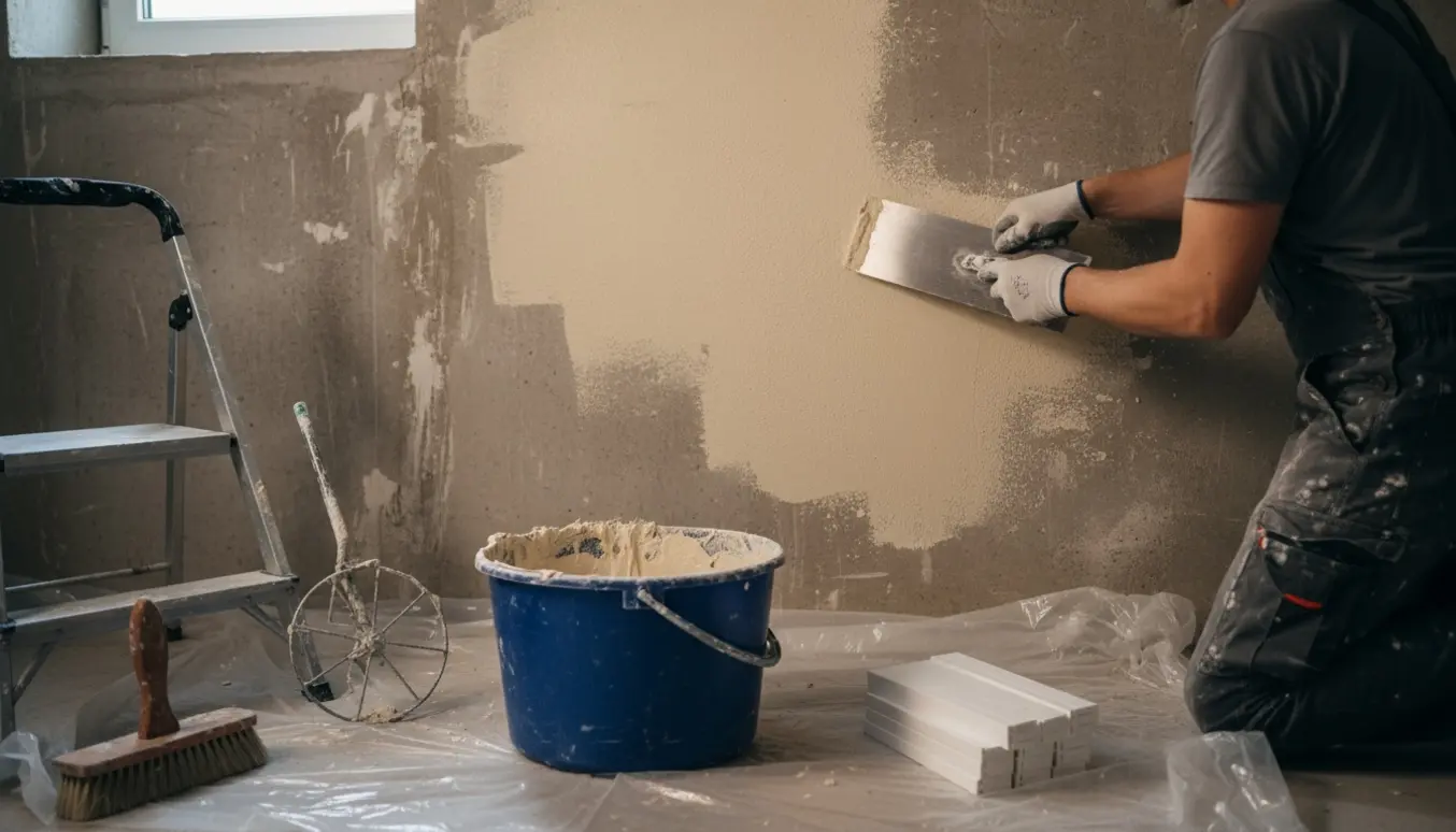 Hænder påfører frisk puds på en renset kældervæg med murske og pudsebræt i et oplyst kælderum.