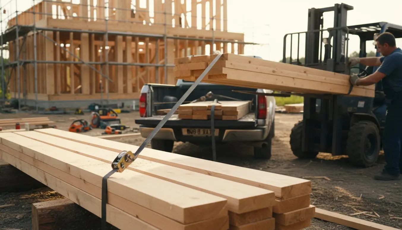 Overskydende træbjælker sikres og læsses på en lastbil ved et byggeområde.
