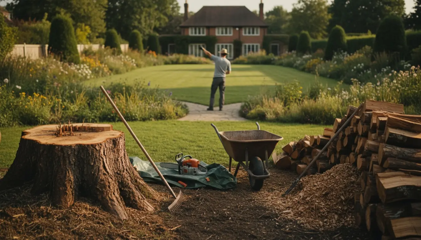 En gartner inspicerer en stor have med fældet træ, stammeflis og redskaber klar til oprydning.