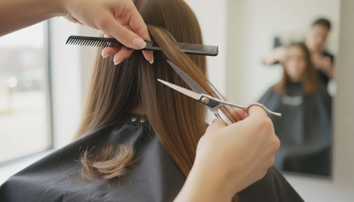 Frisør klipper spidserne af langt hår tæt på, med sakse og kam i fokus.