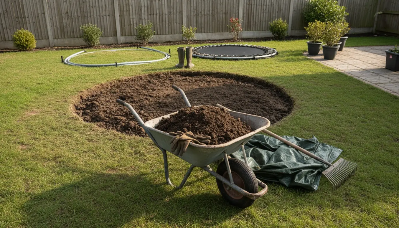 Udgravet hul til trampolin med trillebør og skovl fyldt med jord i en baghave.