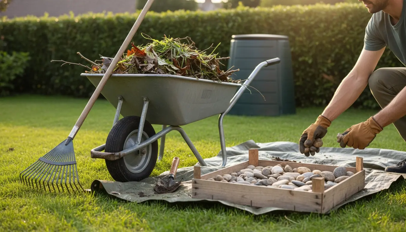 Hænder i handsker sorterer haveaffald i en trillebør og placerer småsten i en kasse i en soloplyst baghave.