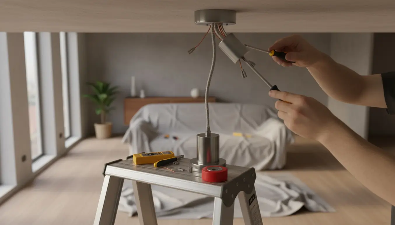 En person på en stige monterer en loftlampe i et moderne rum med ca. 2,8 m loftshøjde.