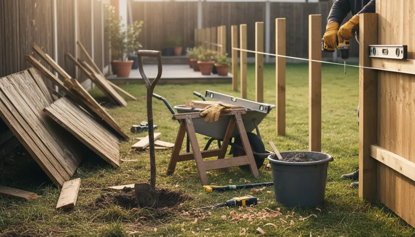 Håndværker fra ryggen installerer nyt træhegn ved siden af et gammel hegn, med værktøj og materialer i forgrunden.