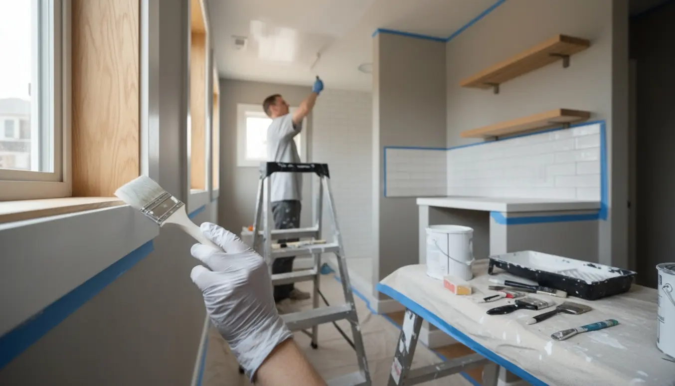 Gloved hænder maler vinduesramme og loft i et lille badeværelse og køkken med nymalede hvide flader.