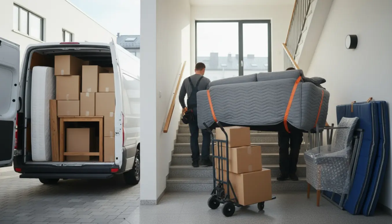 Flyttefolk bærer en indpakket sofa op ad trappen fra en varevogn, omgivet af flyttekasser og møbler.