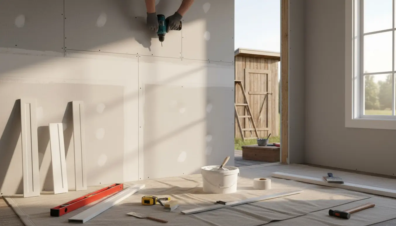 Nærbillede af montering af gipsplader og klar skygge-/gulvlist indendørs med et udhus i baggrunden hvor sternbræt repareres.