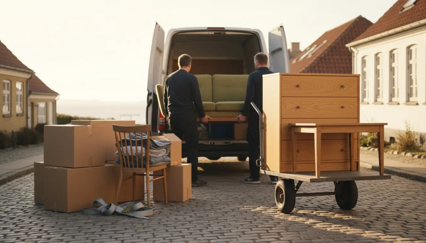 Flyttefolk bærer sofa og møbler ind i en åben flyttebil på en stille gade i Gilleleje.