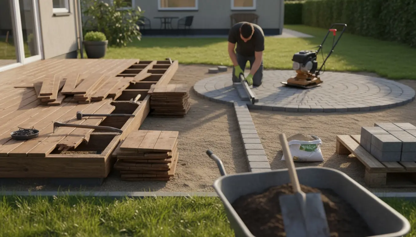 Halvt nedrevet træterrasse ved siden af en nyanlagt flisebelægning med værktøj og materialer klar.