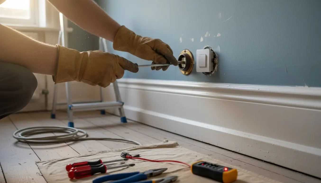 Elektrikers hænder udskifter gamle kontakter i et ældre byhus med værktøj og sollys.
