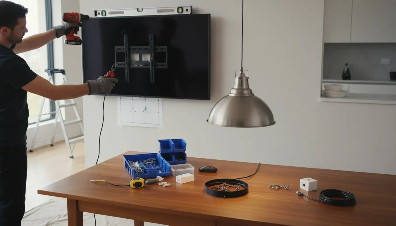 Installatør monterer et 55'' TV på væggen og forkorter en LED-pendel over et spisebord med værktøj på bordet.