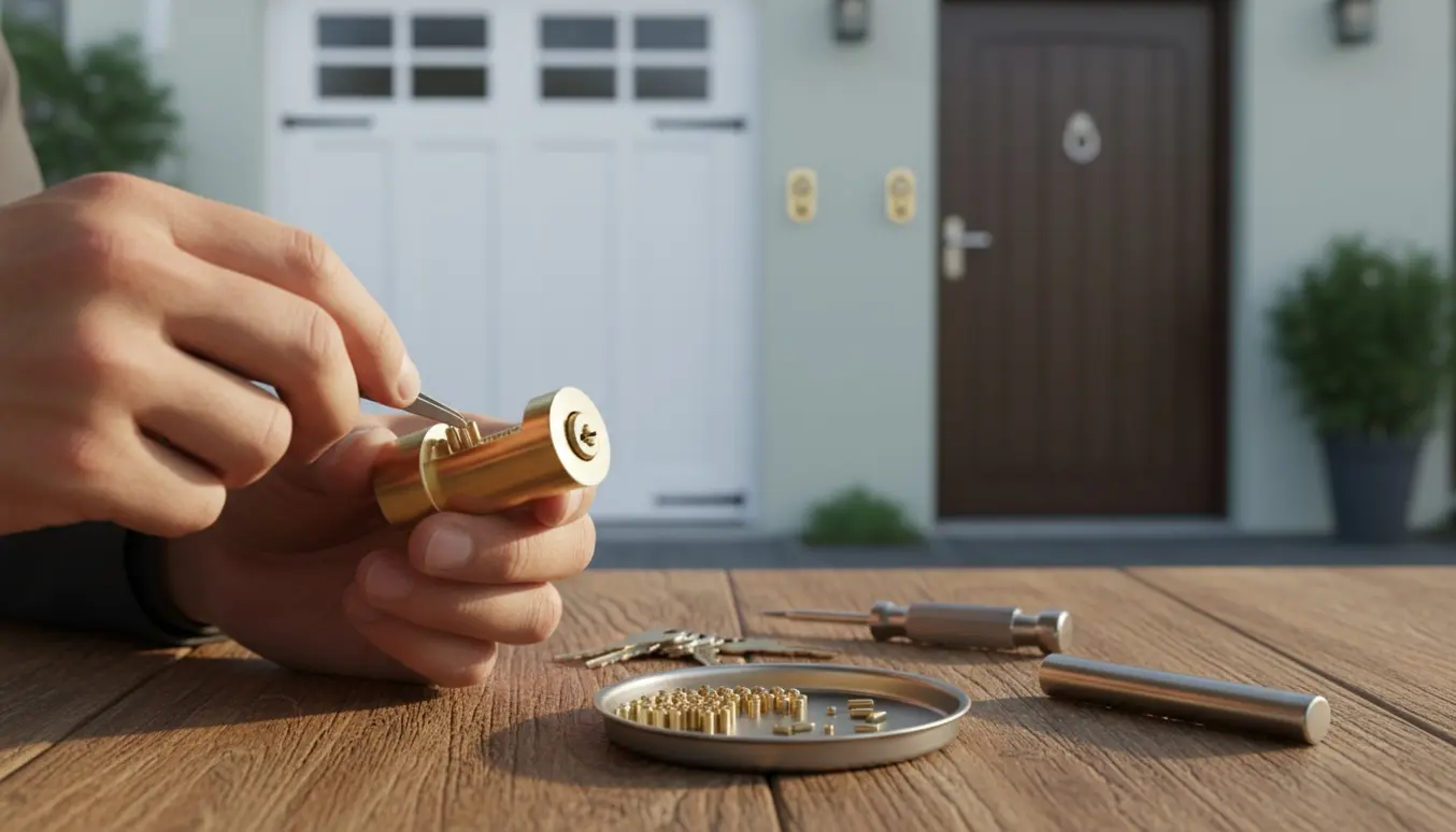 Hænder omkoder en låsecylinder ved hoveddøren med værktøj, mens garage- og kælderdør med låse ses i baggrunden.